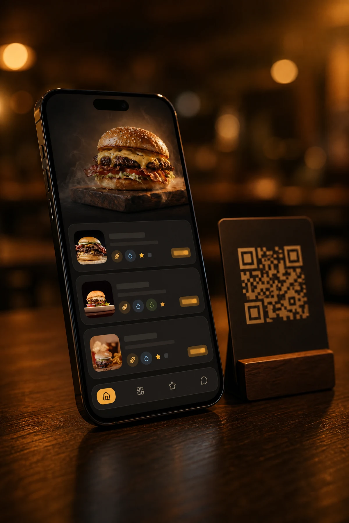 Un móvil apoyado en la mesa de un restaurante con la carta abierta y un QR al lado